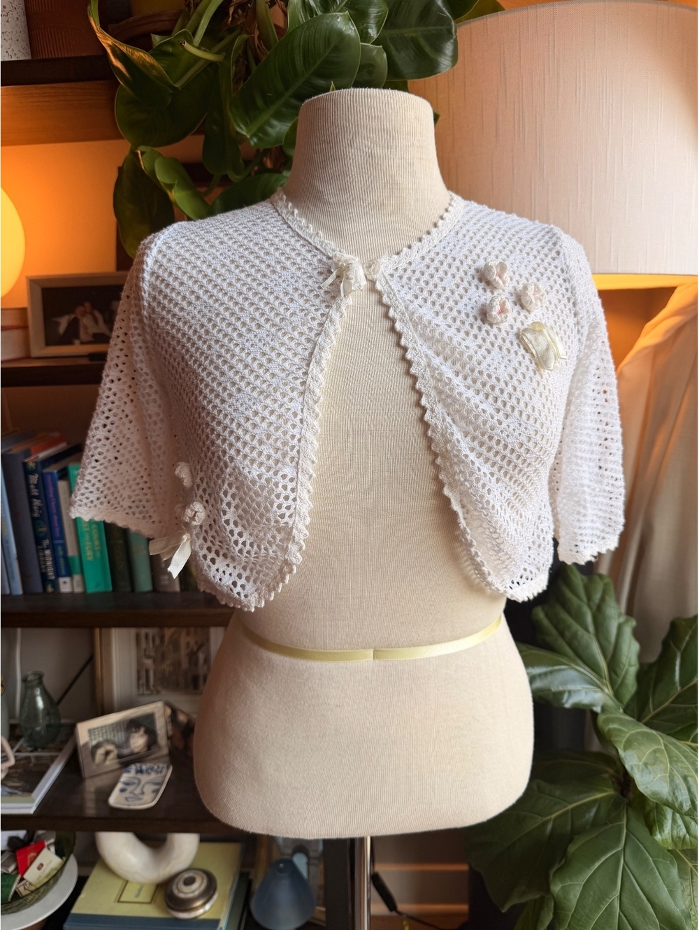 Vintage White Crocheted Bolero Shrug with Floral Detail